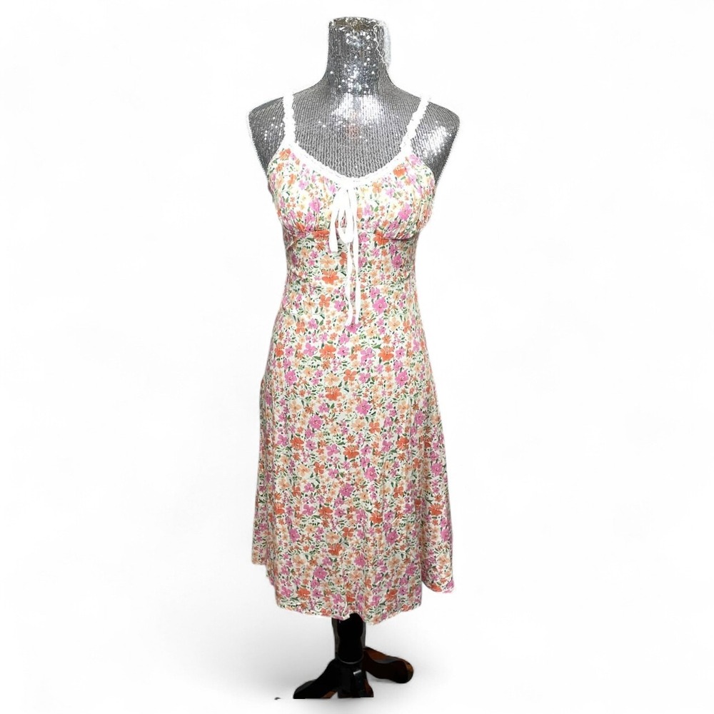 Y2K Coquette Floral Lace Trim Tie Front Babydoll Dress XS Soft Girl Garden Party